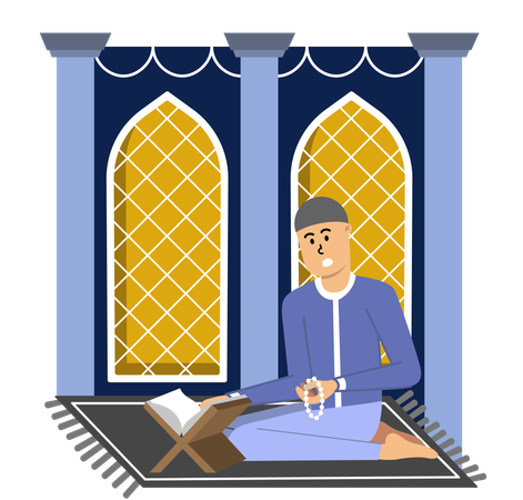 Homem absorto na recitação do Alcorão na noite do Ramadã  Ilustração