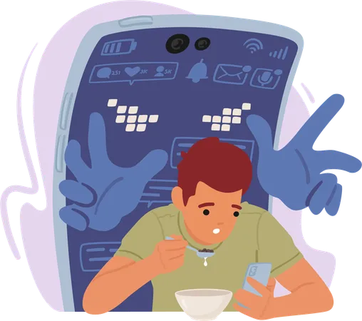 Homem absorto e viciado consome sua refeição com uma mão enquanto segura o celular  Ilustração