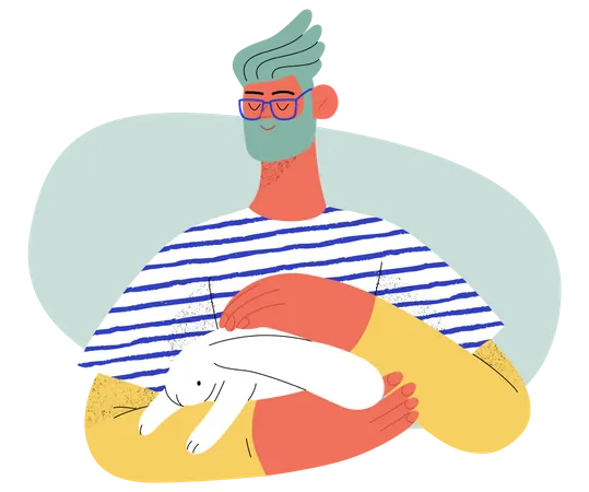 Homem acariciando coelho nos braços  Ilustração
