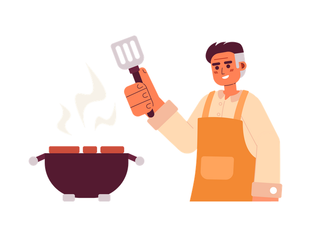 Homem adulto cozinhando na churrasqueira  Ilustração