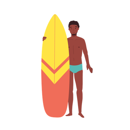 Homem afro-americano com prancha de surf na praia  Ilustração