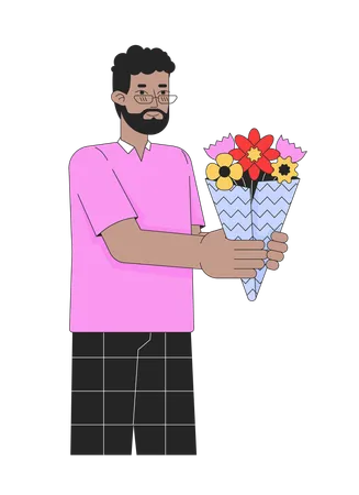 Homem afro-americano segurando buquê de flores  Ilustração