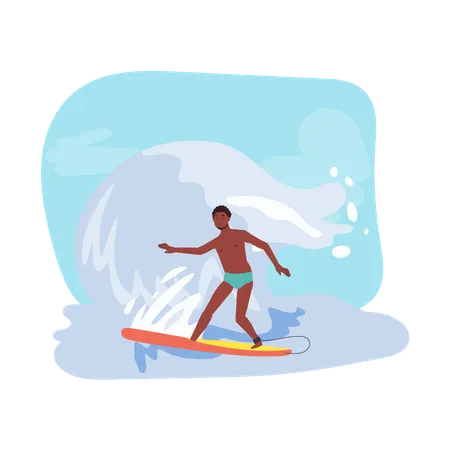 Homem afro-americano surfando com prancha de surf em ondas grandes  Ilustração