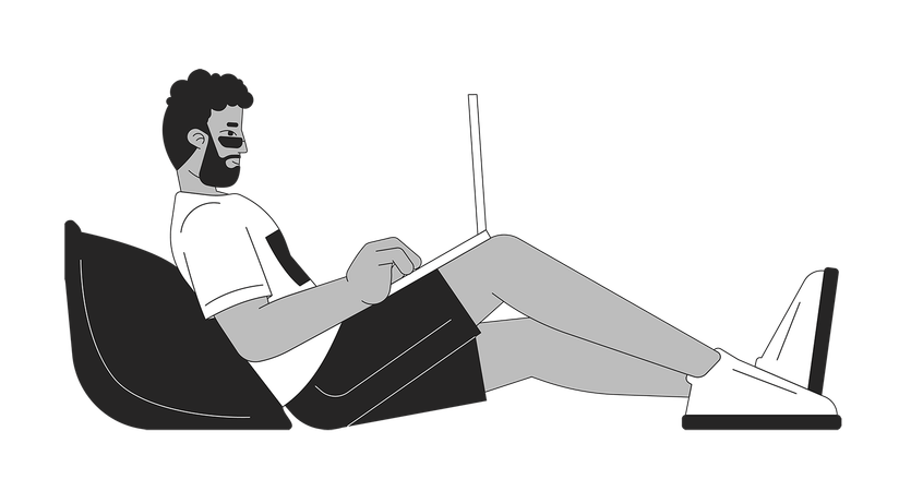 Homem afro-americano trabalhando no laptop  Ilustração