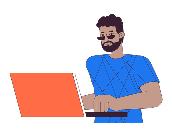 Homem afro-americano usando laptop  Ilustração