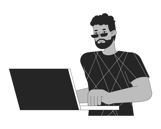 Homem afro-americano usando laptop  Ilustração