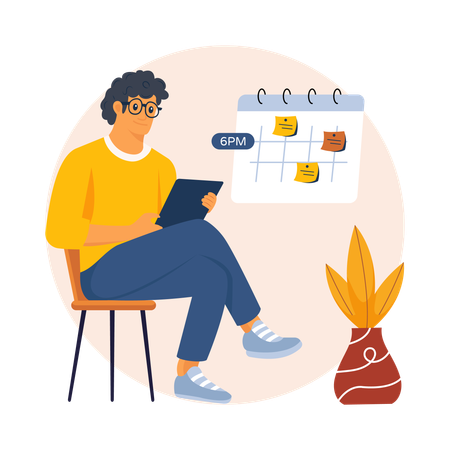 Homem agendando data de lançamento do podcast  Ilustração