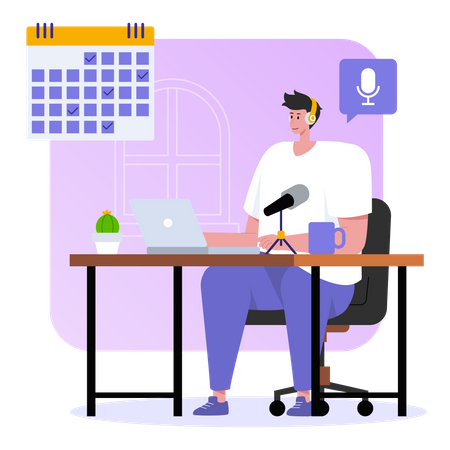 Homem agendando data de lançamento do podcast  Ilustração