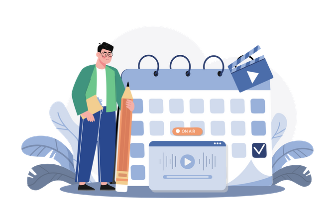 Homem agendando uma data de lançamento de podcast  Illustration