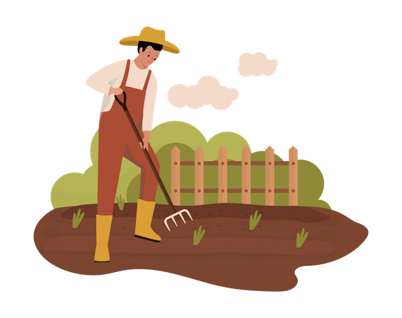 Agricultor masculino arando colheitas  Ilustração