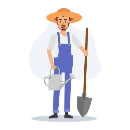 Agricultor masculino com pá e regador  Ilustração