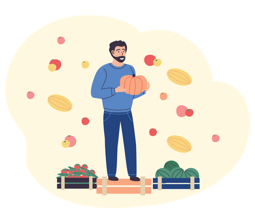 Agricultor masculino em pé com cestas de frutas  Ilustração