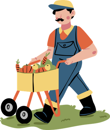 Agricultor masculino empurrando carrinho de legumes  Ilustração