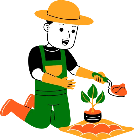 Agricultor masculino plantando planta  Ilustração