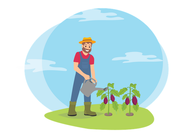 Agricultor masculino regando plantações  Ilustração
