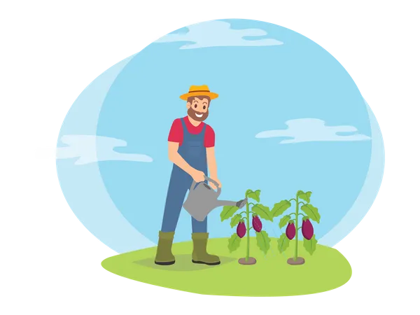 Agricultor masculino regando plantações  Ilustração