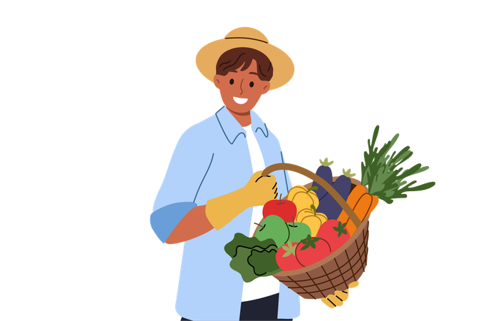 Agricultor segura cesta de legumes frescos nas mãos, regozijando-se com excelente colheita  Ilustração