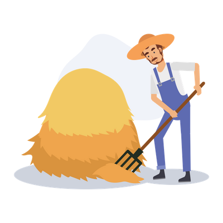 Agricultor masculino varrendo palha perto do palheiro  Ilustração