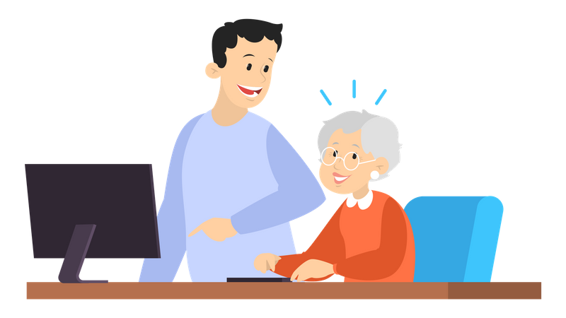 Homem ajuda a velha trabalhando no computador  Ilustração