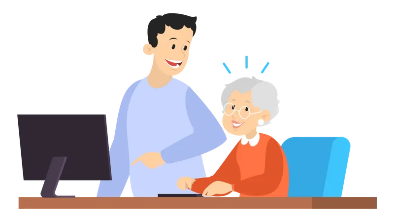 Homem ajuda a velha trabalhando no computador  Ilustração
