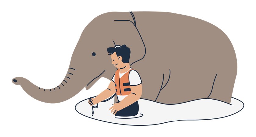 Homem ajuda elefante a escapar de enchente  Ilustração