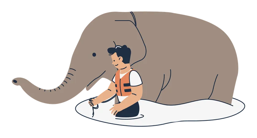 Homem ajuda elefante a escapar de enchente  Ilustração