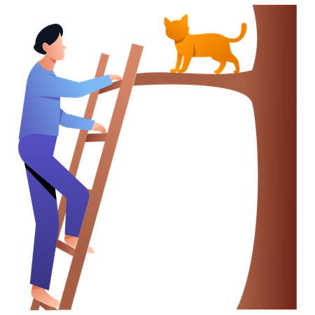 Homem Ajudando Gato Na Árvore  Ilustração