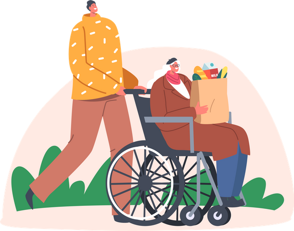 Homem ajudando uma idosa com deficiência  Ilustração