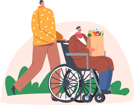 Homem ajudando uma idosa com deficiência  Ilustração