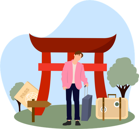 Homem alcançado no portão torii  Ilustração