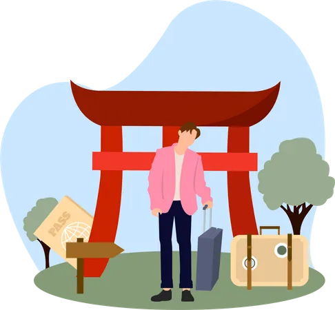 Homem alcançado no portão torii  Ilustração
