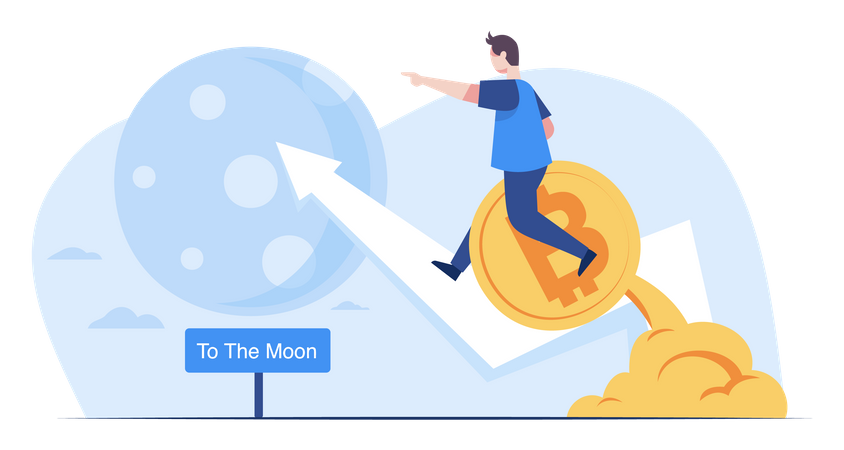 Homem chegando à lua com lucro de Bitcoin  Ilustração
