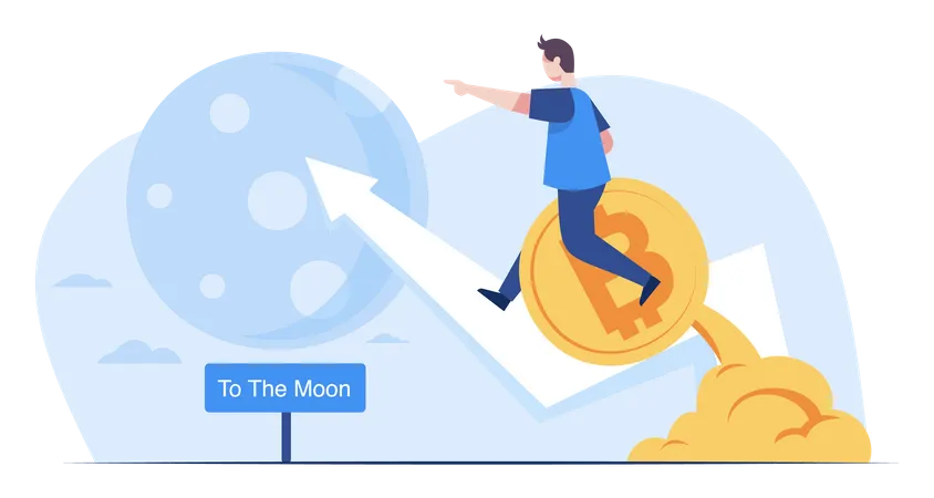 Homem chegando à lua com lucro de Bitcoin  Ilustração