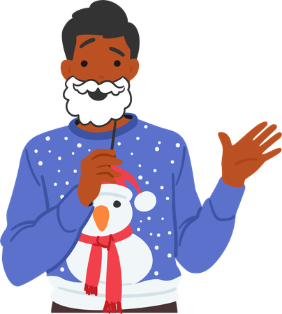 Homem alegre com um suéter festivo de Natal e boneco de neve  Ilustração