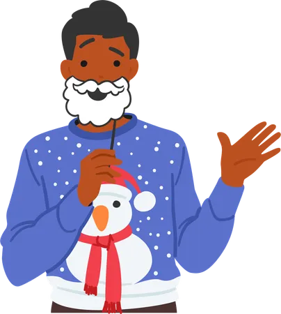 Homem alegre com um suéter festivo de Natal e boneco de neve  Ilustração