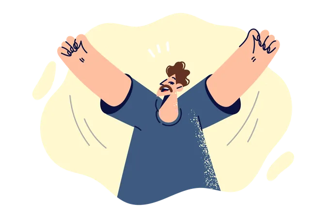 Homem alegre levanta as mãos e grita de felicidade depois de vencer uma competição ou realizar um sonho  Ilustração