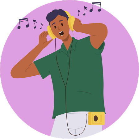 Homem alegre usando fones de ouvido, ouvindo música e dançando sob a melodia favorita  Ilustração