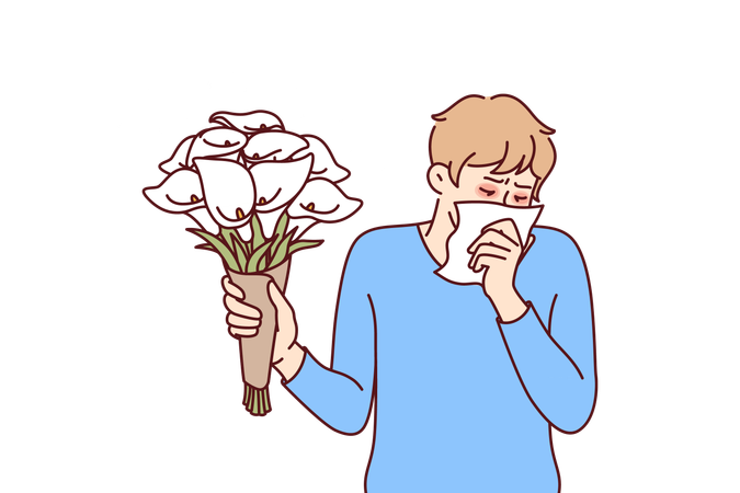 Homem alérgico segurando buquê de flores e usando lenço sofrendo de pólen  Ilustração