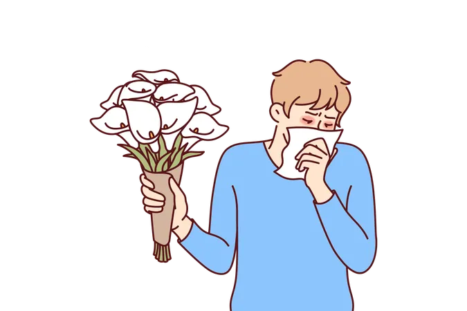 Homem alérgico segurando buquê de flores e usando lenço sofrendo de pólen  Ilustração