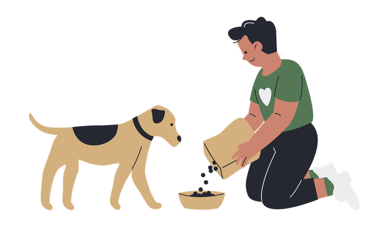 Homem alimentando cachorro  Ilustração