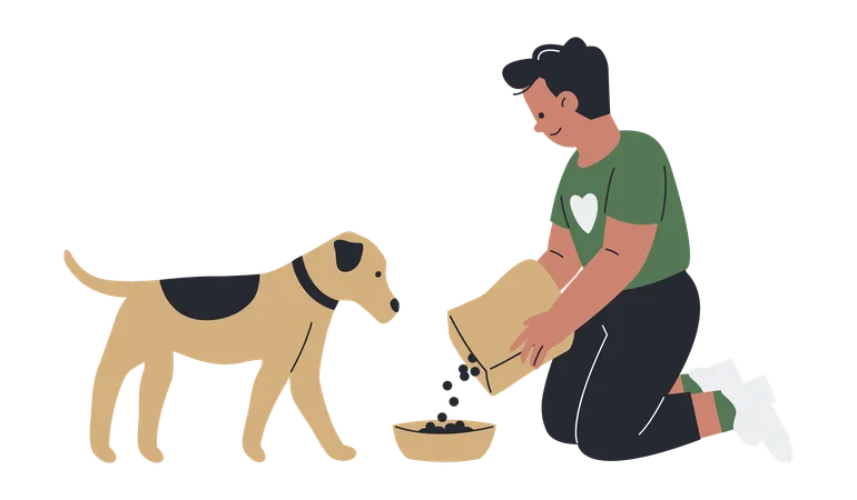 Homem alimentando cachorro  Ilustração