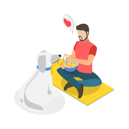 Homem alimentando cachorro enquanto ama e cuida dos animais  Ilustração