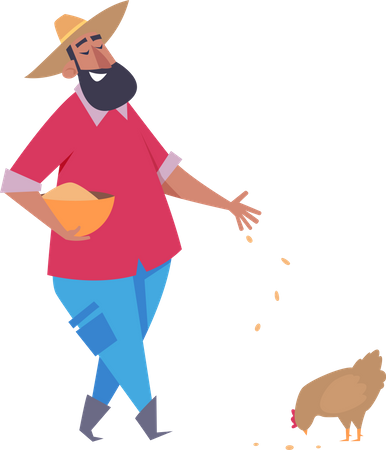 Homem alimentando frango  Ilustração