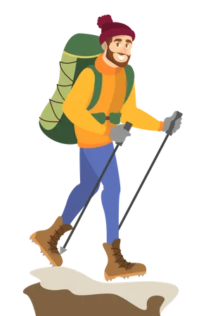 Alpinista De Homem Em Roupas Especiais De Inverno Com Mochila Para Caminhadas Esporte Radical Caminhada Alpinista Ilustracao Vetorial Isolada Em Estilo Cartoon Ilustração