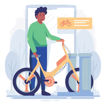 Homem alugando bicicleta usando aplicativo de aluguel  Ilustração