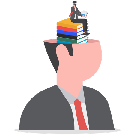 Homem calmo, aluno, lendo livro sobre crescimento de pilha de livros em sua cabeça  Ilustração