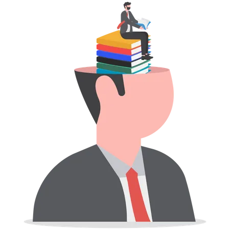 Homem calmo, aluno, lendo livro sobre crescimento de pilha de livros em sua cabeça  Ilustração