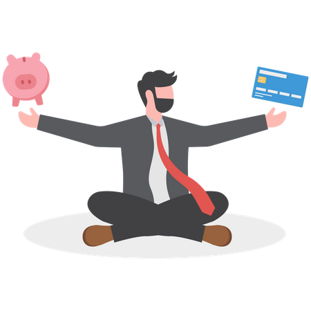 Homem ambicioso medita com cartão de crédito e cofrinho  Ilustração