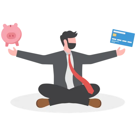 Homem ambicioso medita com cartão de crédito e cofrinho  Ilustração