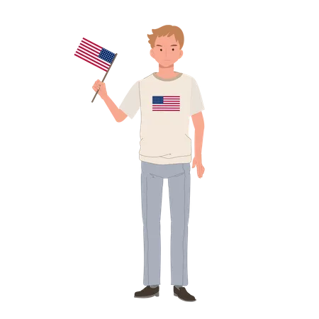 Homem americano segurando a bandeira americana  Ilustração